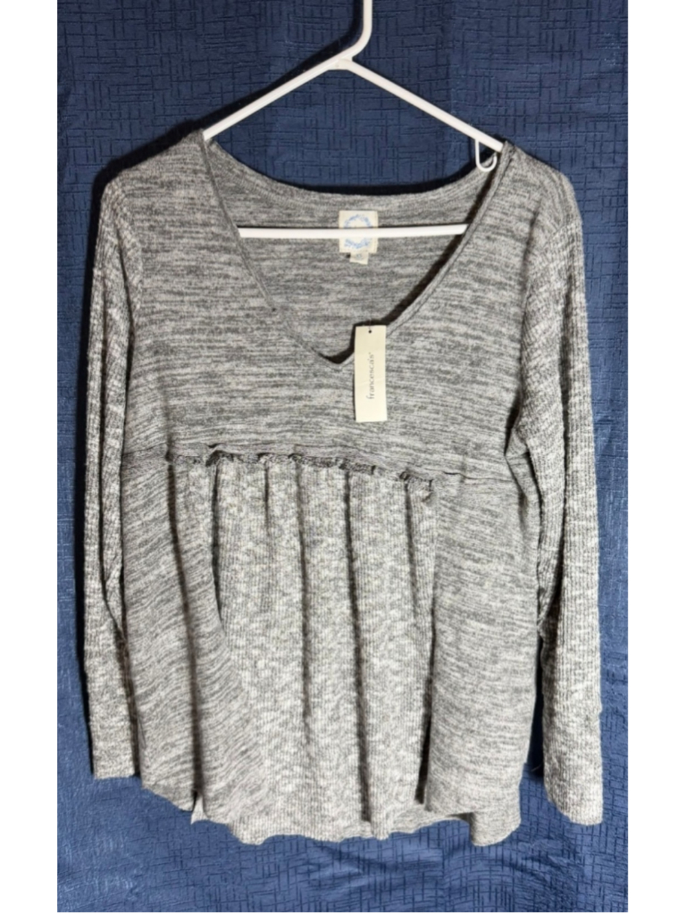 Women's Blue Rain Long Sleeve Tee XS Gray soft cozy boho oversized ruffle